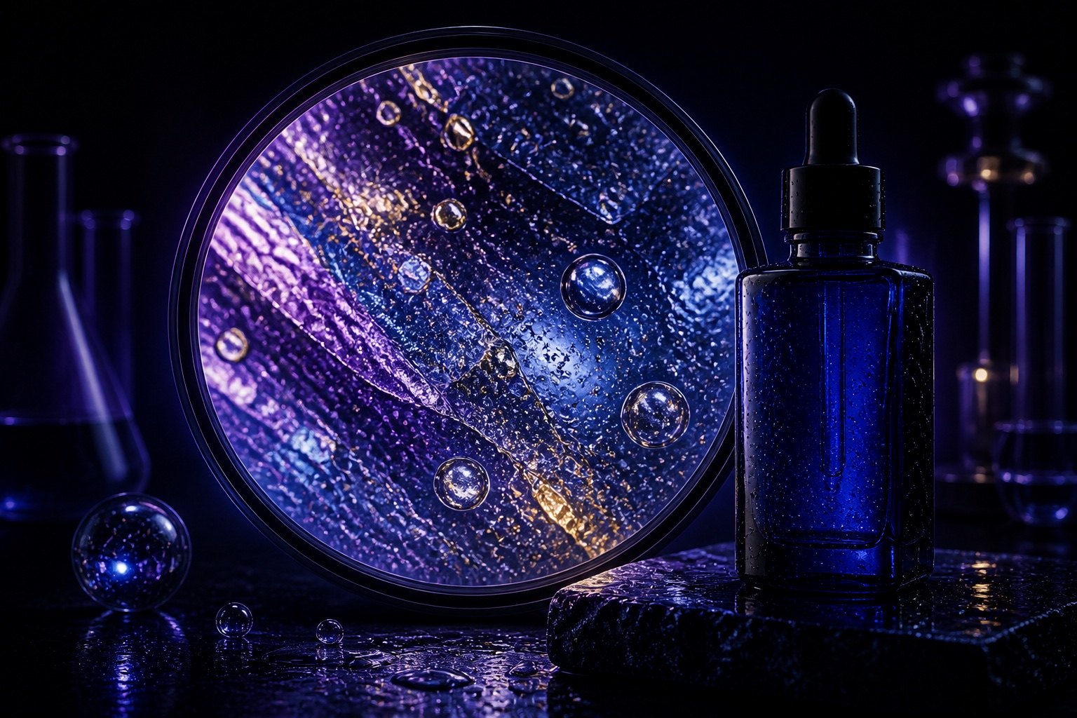 Blue skincare bottle beside a magnified violet and gold serum texture